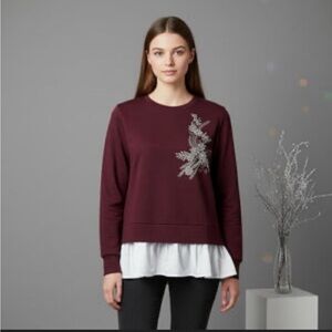 Calligraphy Tops Rhinestone beaded burgundy sweatshirt poplin white shirt tail